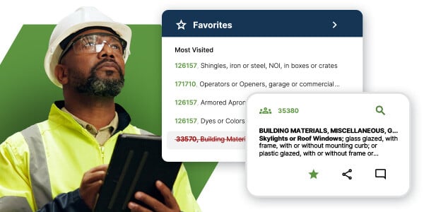 Warehouse manager in high visibility vest and hard hat holding iPad using ClassIT+. ClassIT+ alerts show too.